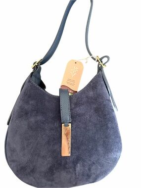 ISADORA BRAND Suede Crescent Shoulder Bag in Navy Blue with Gold Accent